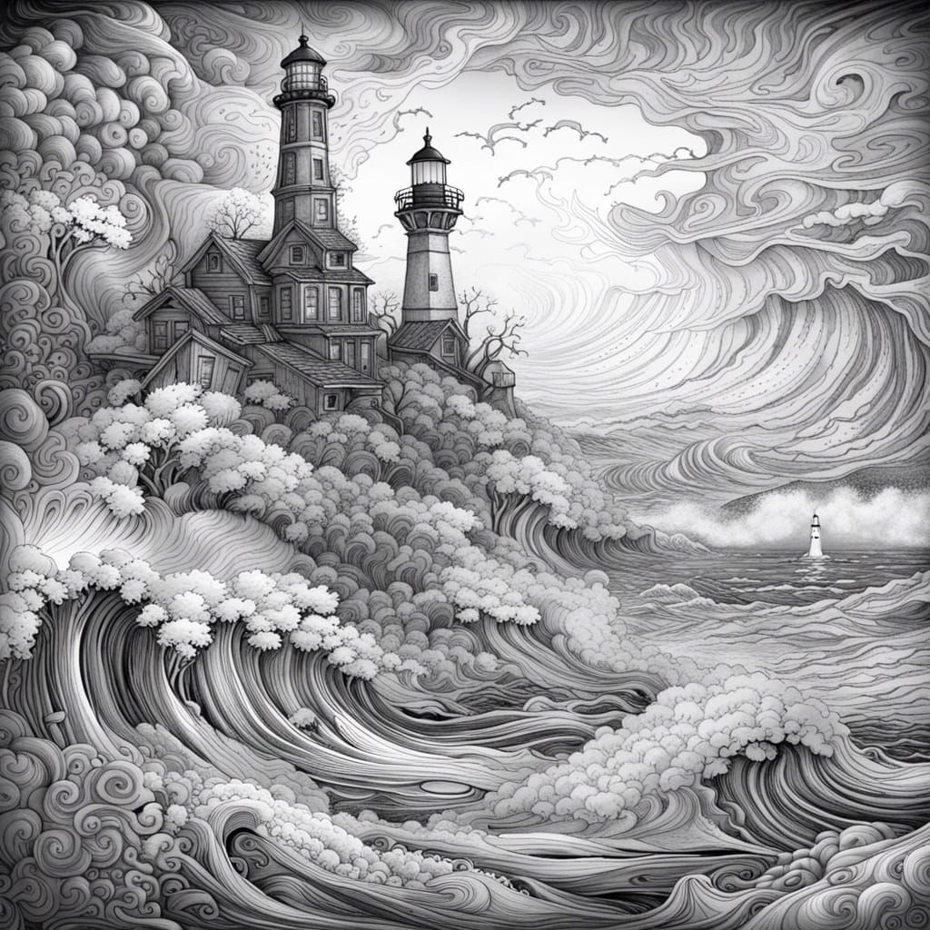 Winter Seascape Lighthouse in Detailed Line Art