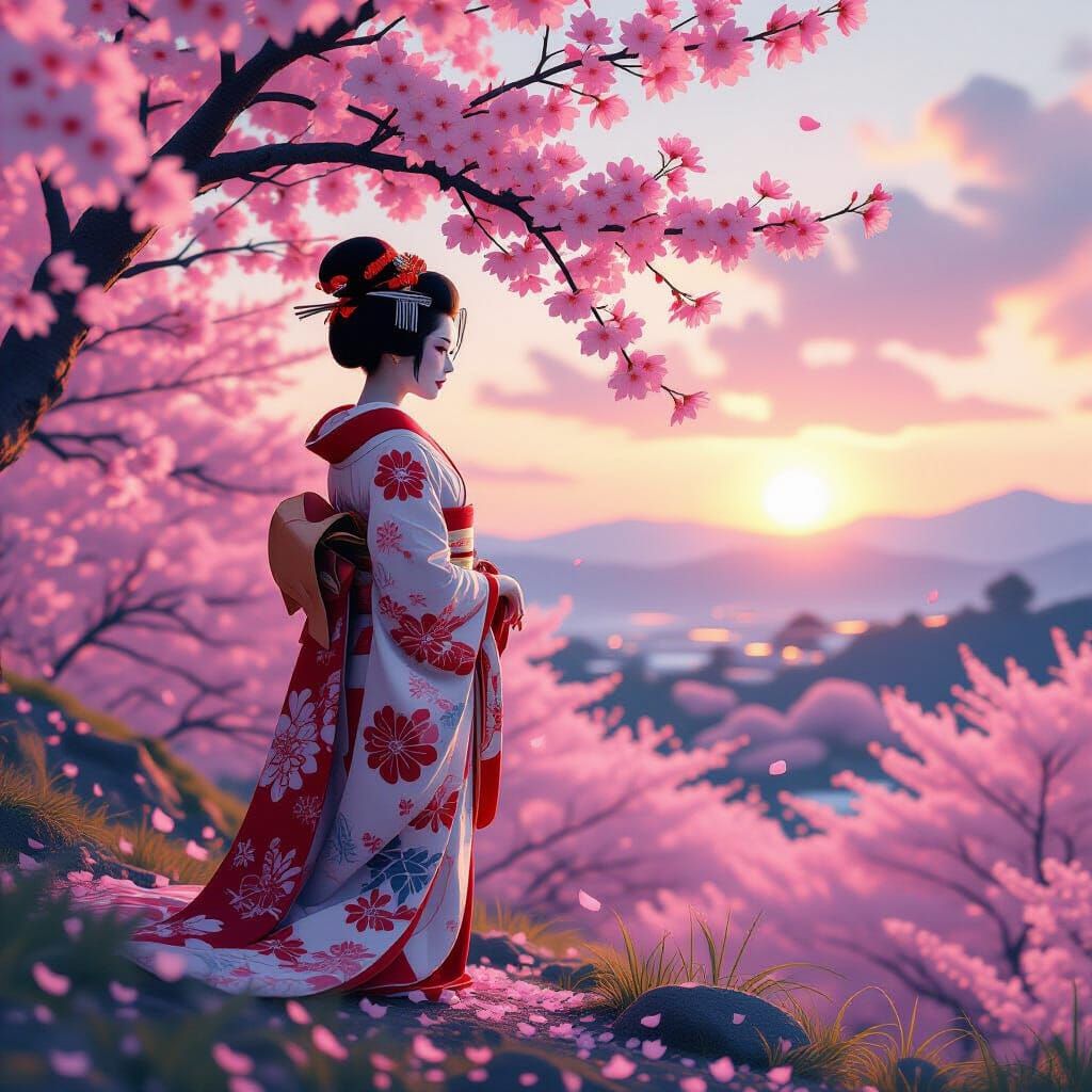Geisha Silhouette at Sunrise in Cherry Blossom Landscape