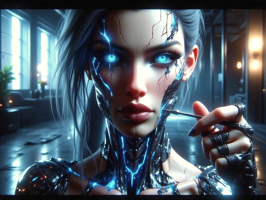 Cyborg Woman Repairs Robotic Leg in Futuristic Apartment