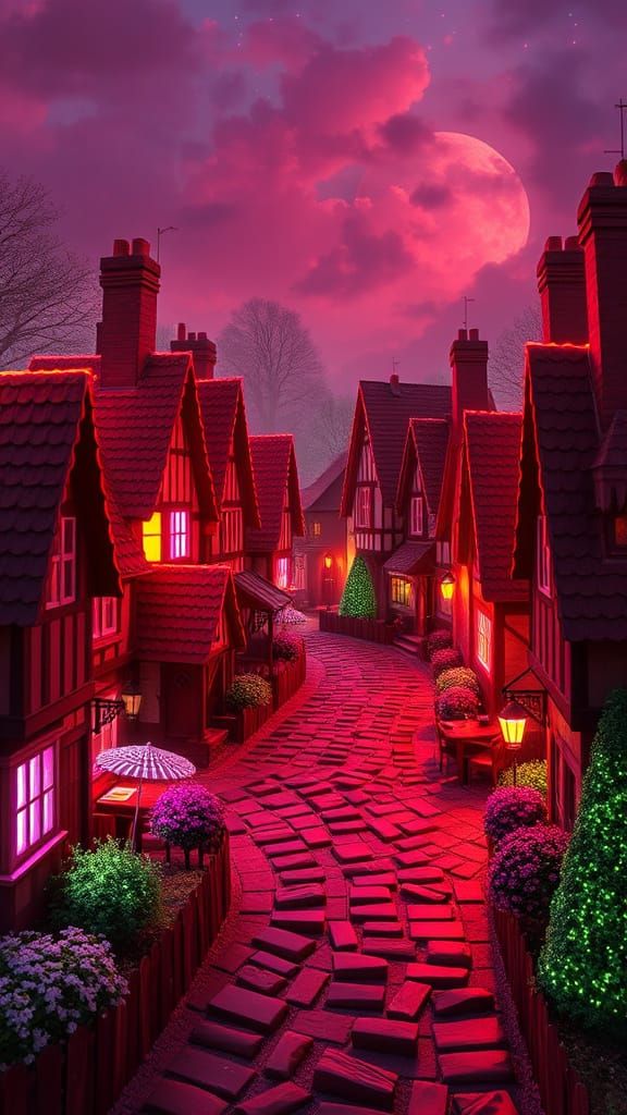 Chocolate Village in Synthwave Neon Retro Style