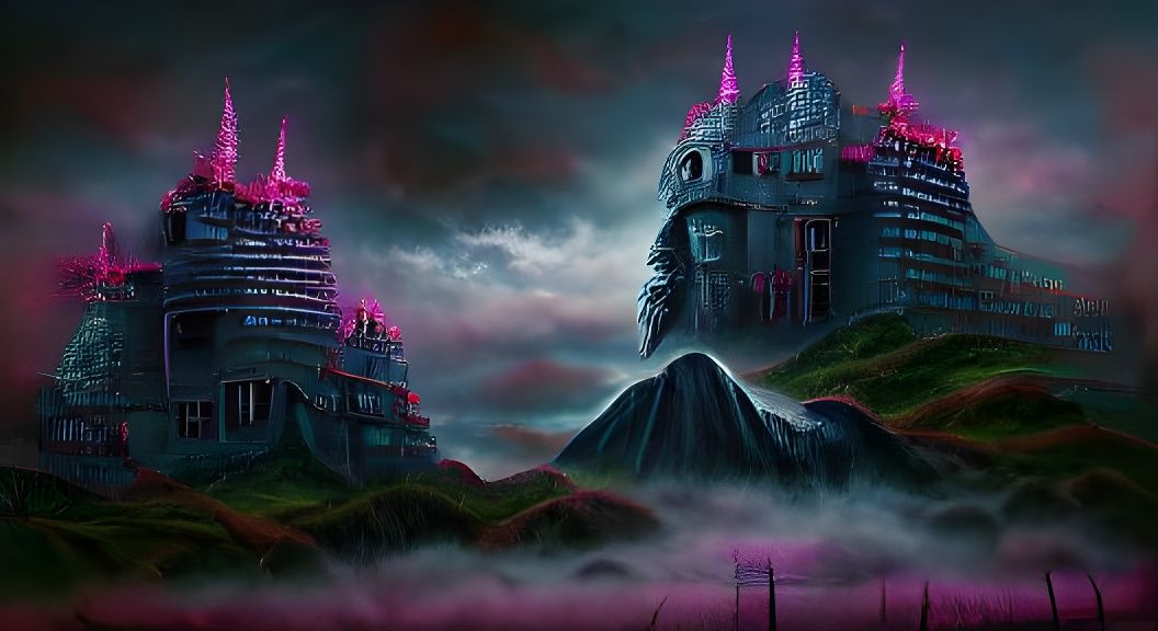 Sinister Cyberpunk Castle Overlooking a Dystopian City