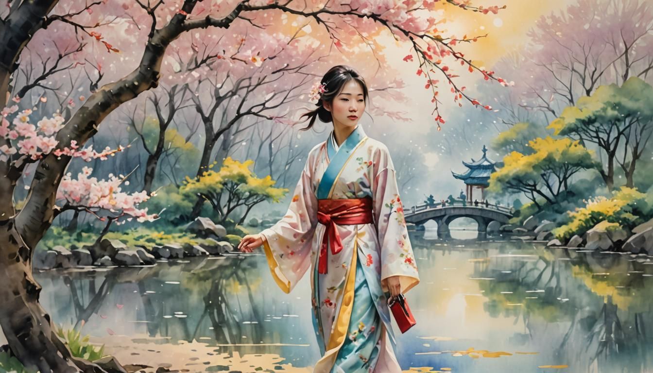 Dreamy Chinese Girl in Cherry Blossom Forest