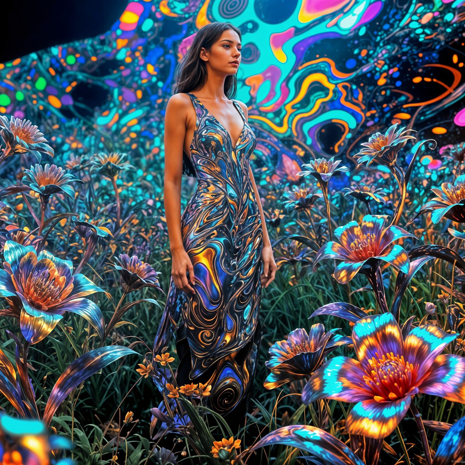 Ethereal Glitch Art Landscape with Metallic Flowers