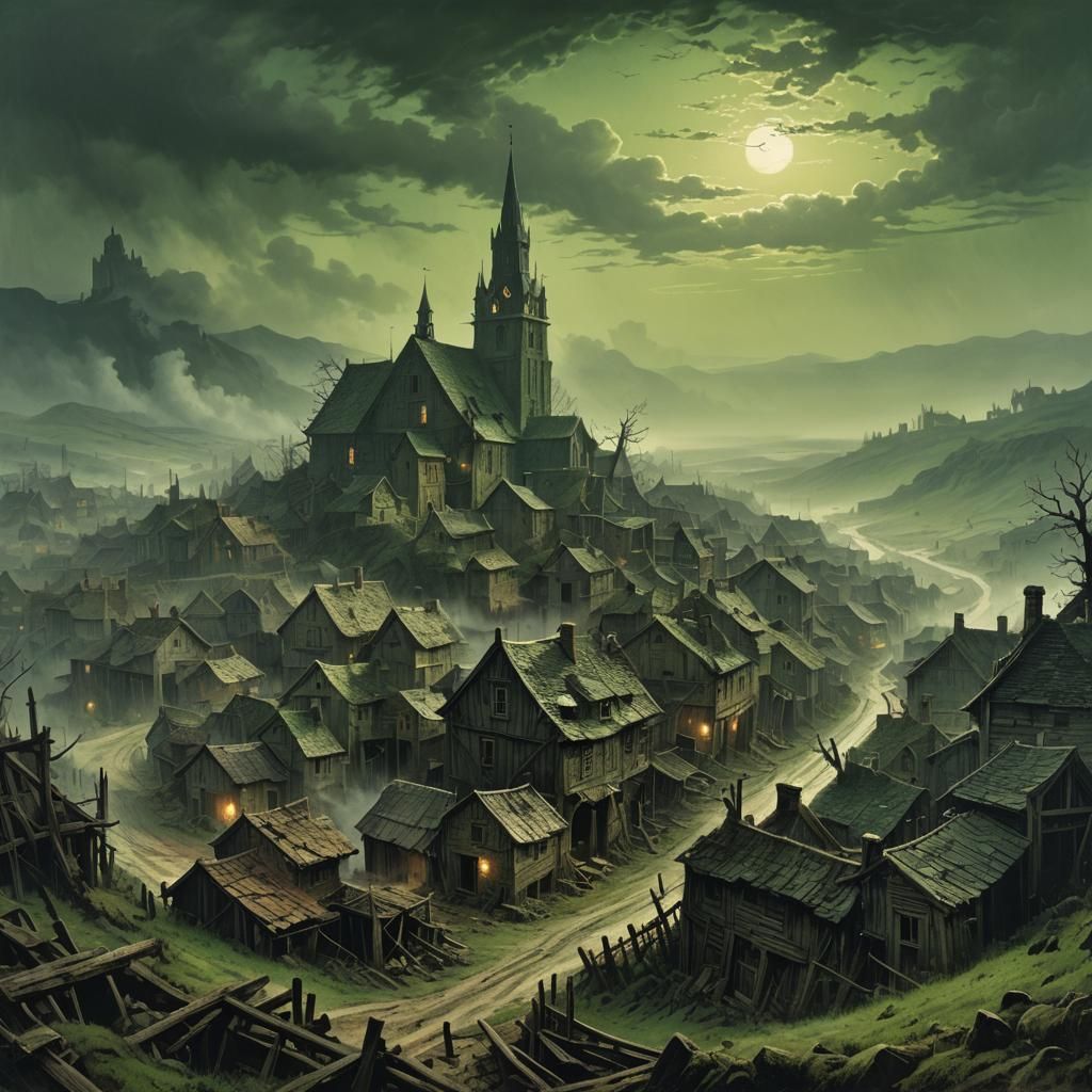 Desolate Village Shrouded in Mist: A Gothic Scene