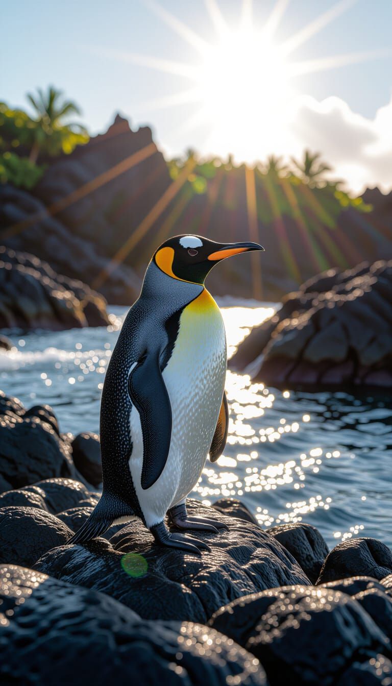 Galápagos Penguin on Volcanic Rocks Under Tropical Sun