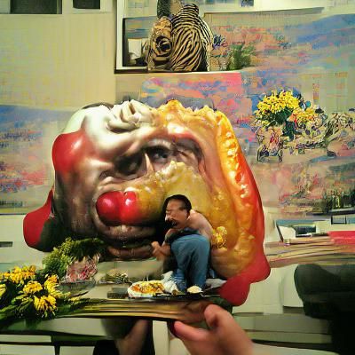 Hyperrealistic Clown Watching Beauty Eat Ugly