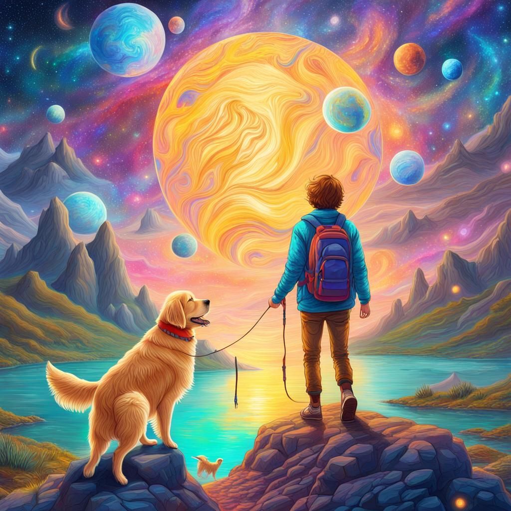 Golden Retriever and Boy's Cosmic Adventure