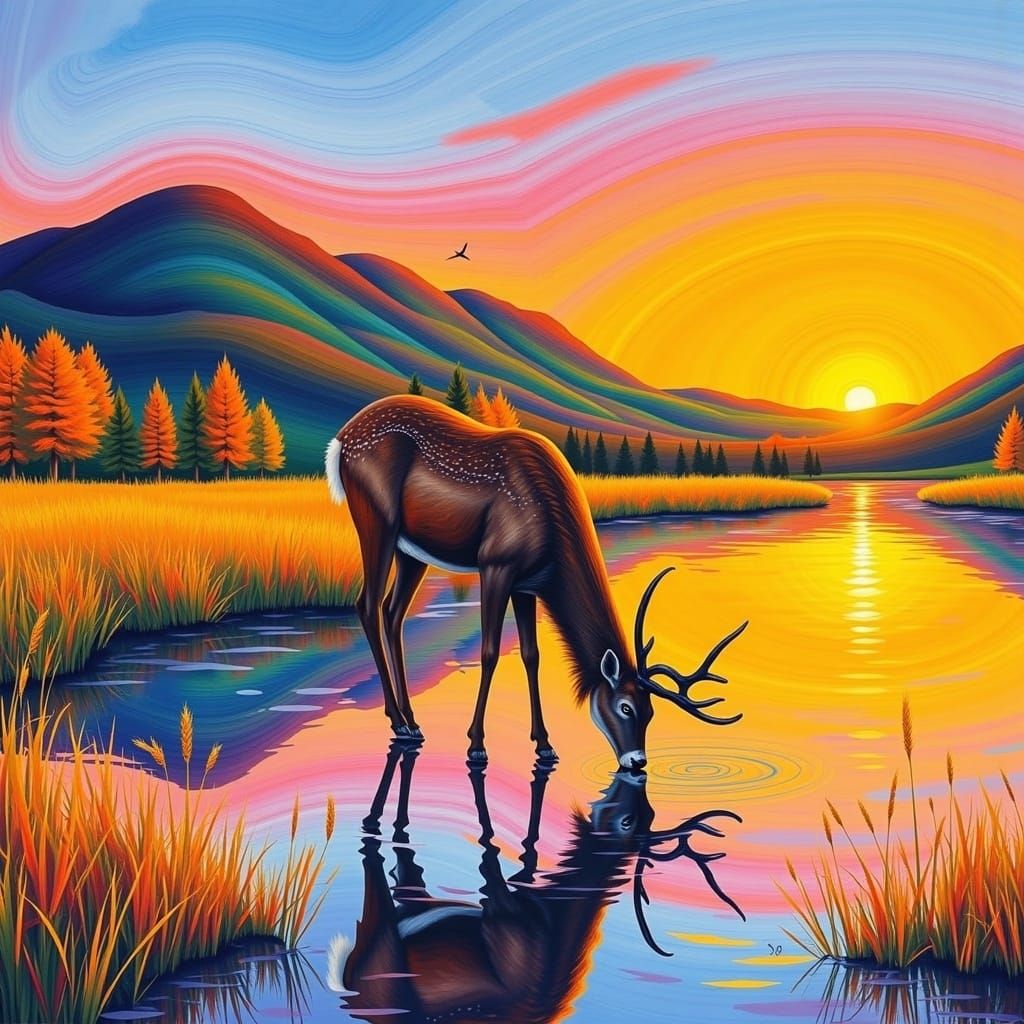 Deer Drinking at Sunset: Watercolor Portrait