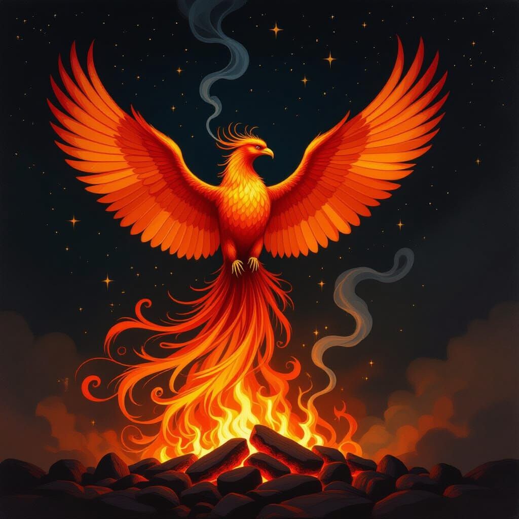 Majestic Phoenix Rises from Embers in Oil Painting Style