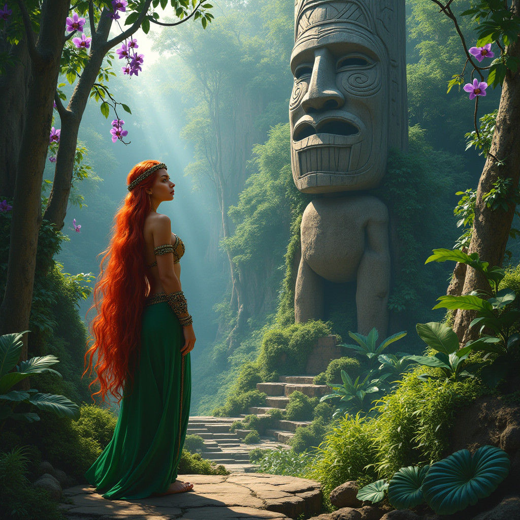 Polynesian Goddess Amidst Ancient Ruins in Tropical Paradise