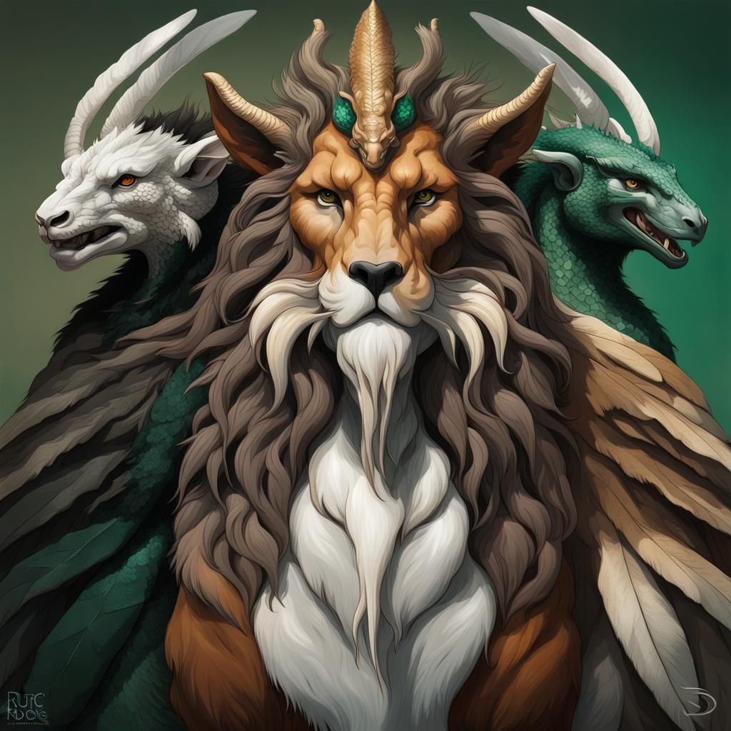 Majestic Three-Headed Chimera Portrait in Dramatic Lighting