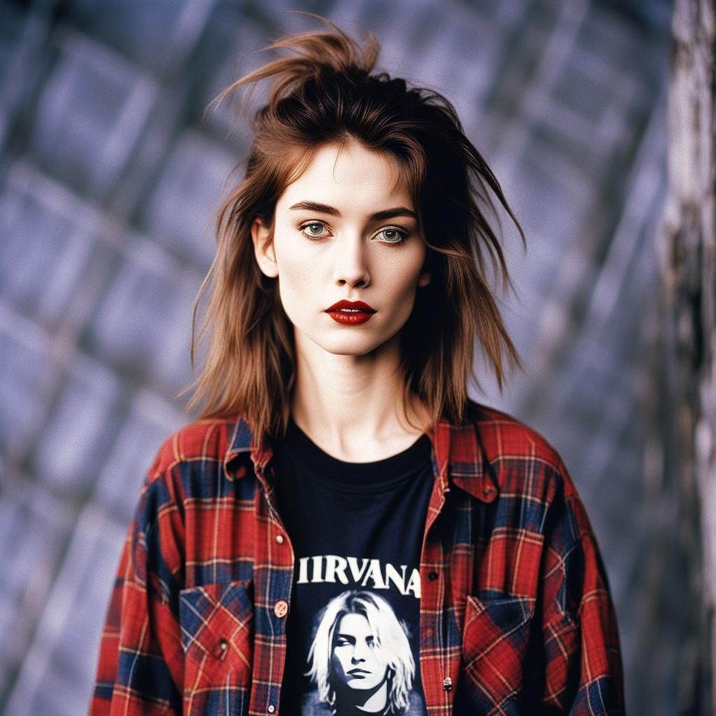 1990s Grunge Fashion: Woman in Flannel and Nirvana Tee