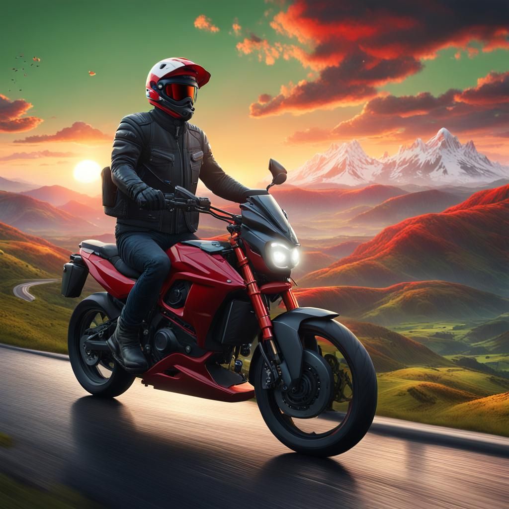 Motorcyclist Rides Through Valley at Sunrise