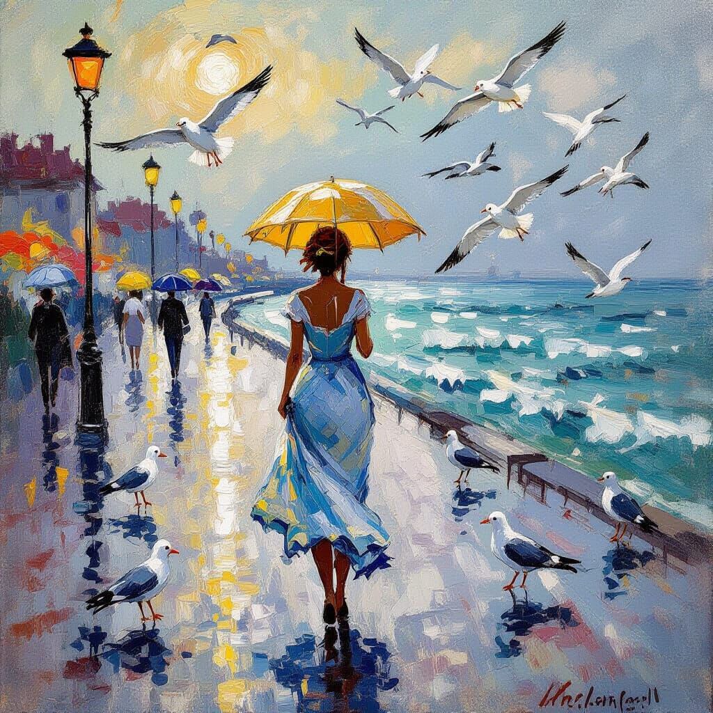 Woman in Summer Rain with Seagulls: Impressionistic Realism