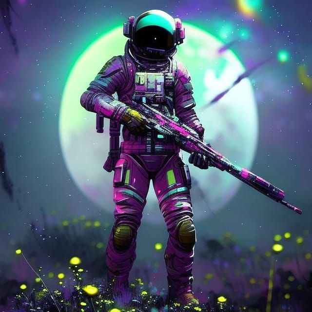 Astronaut on Alien Planet with Purple Flowers