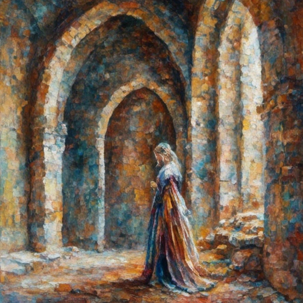 Medieval Woman in Castle, Old School Oil Painting