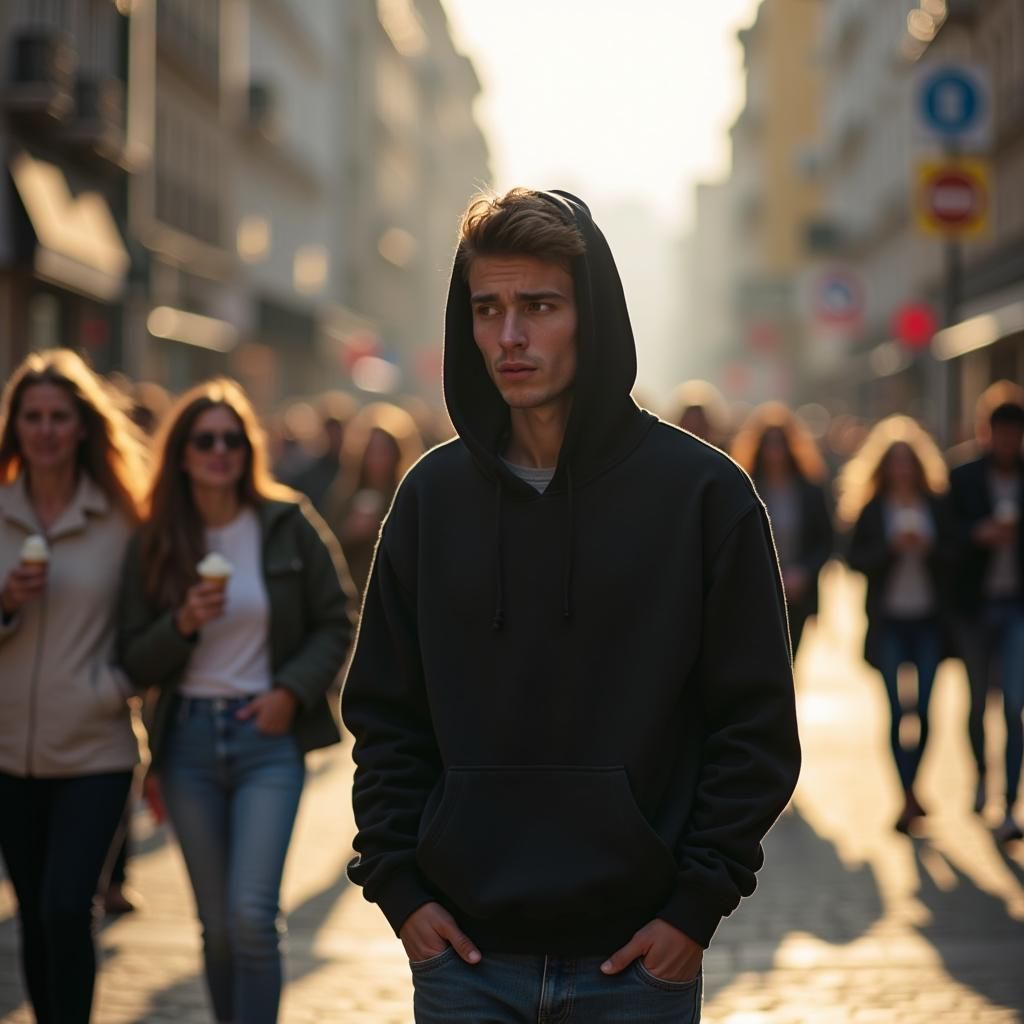Anxious Man Looks Back on Sunny Street