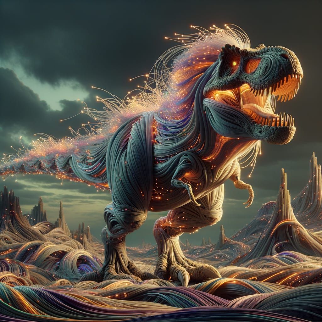 T-Rex in a Futuristic, Post-Apocalyptic Landscape with Fiber...