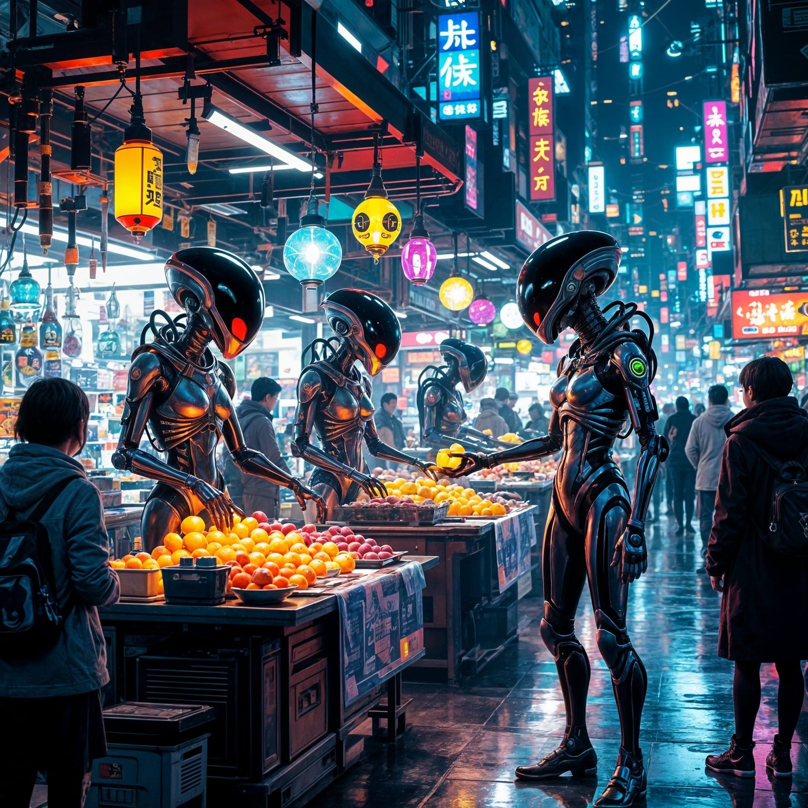 Vibrant Alien Market in Cyberpunk Anime Style