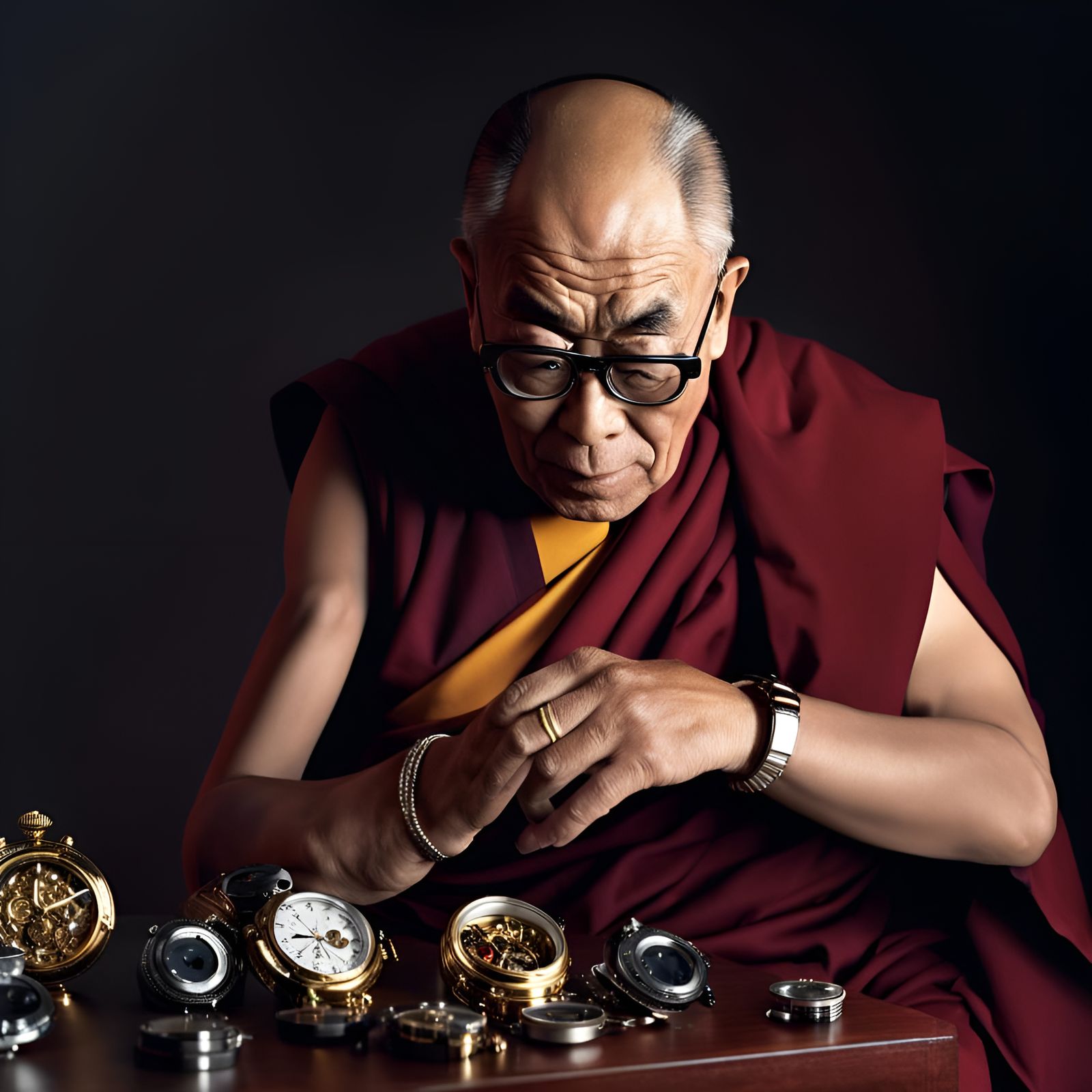 Dalai Lama Inspects Watch, Photorealistic 8k