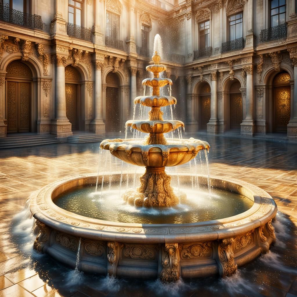 Ornate Baroque Fountain in Golden Sunlight: 3D Render