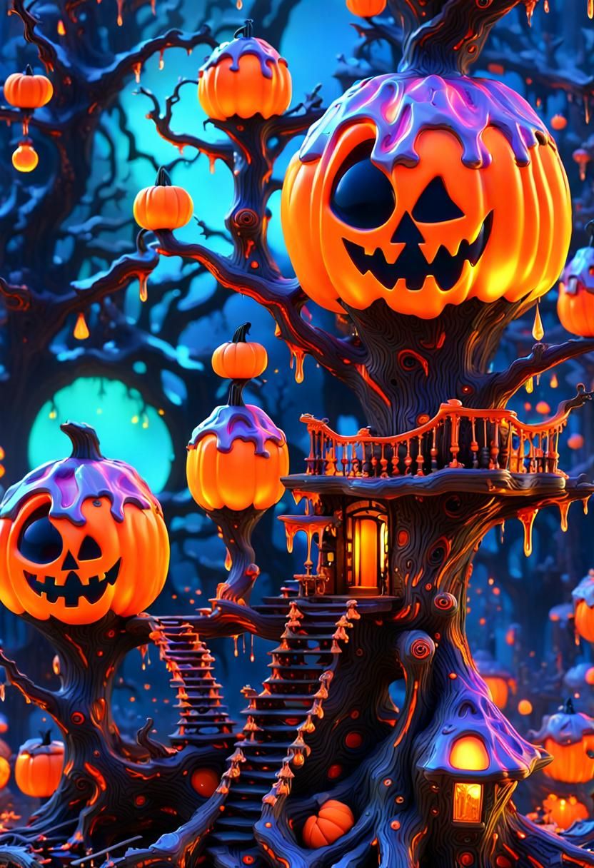 Halloween Haunted Treehouses with Dripping Neon Lights