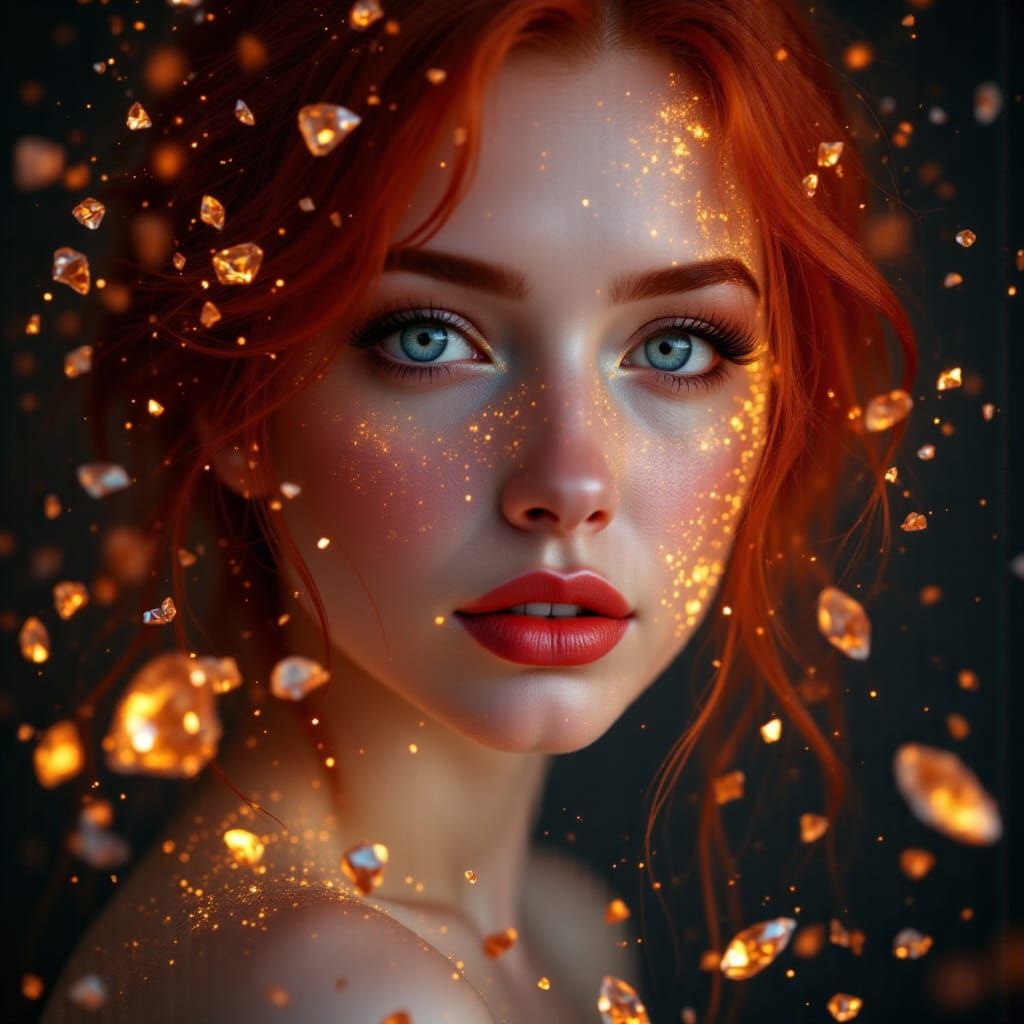 Beautiful Woman Portrait with Glowing Crystal Fragments