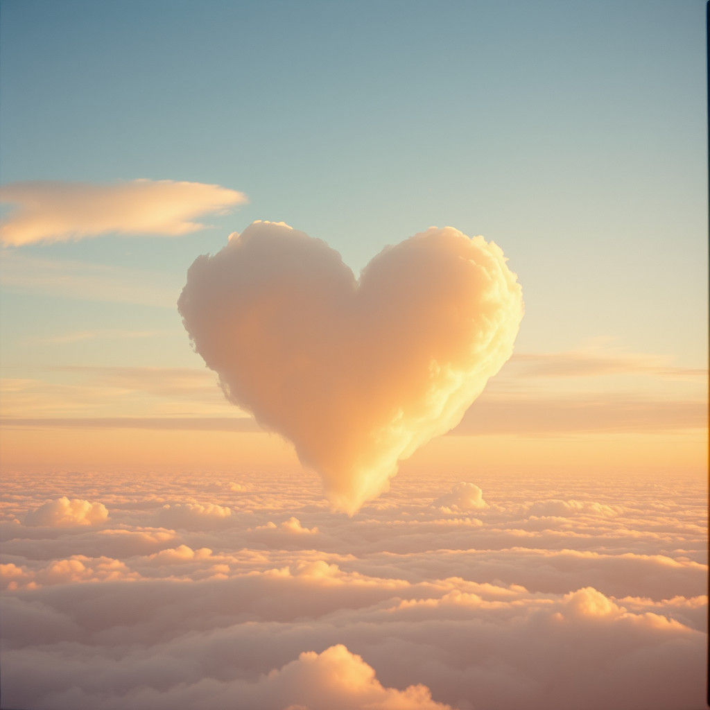 Heart-Shaped Clouds in Serene Golden Sky