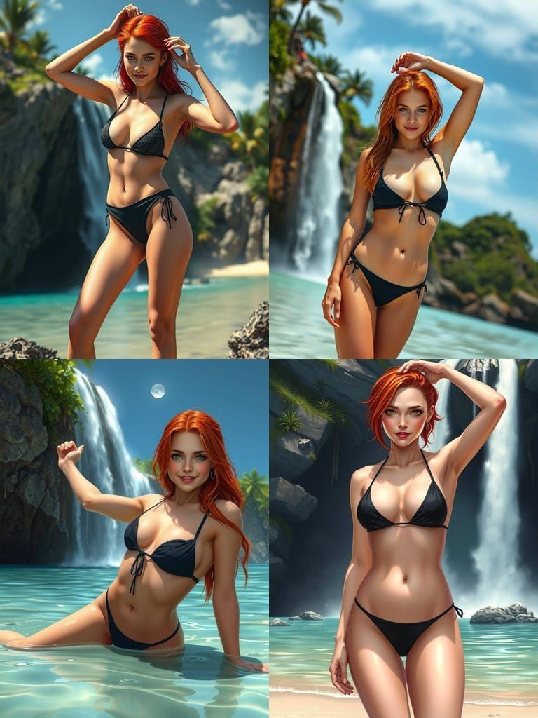 Beautiful Woman on Deserted Island with Waterfall