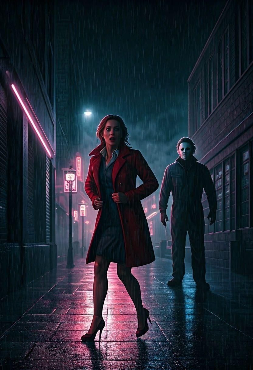 Panic in Neon: Woman Fleeing a Looming Figure