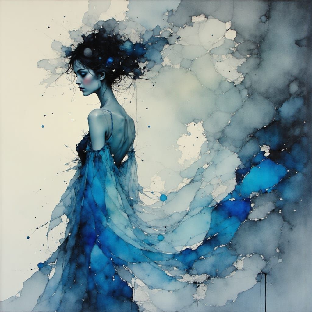 Troubled Woman in Expressive Watercolor and Ink Style