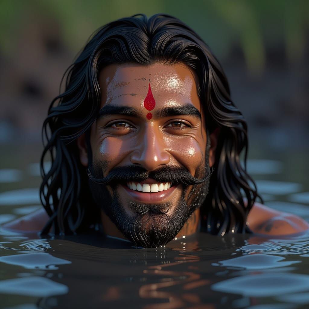 Smiling Indian Man Bathes in Black Mud