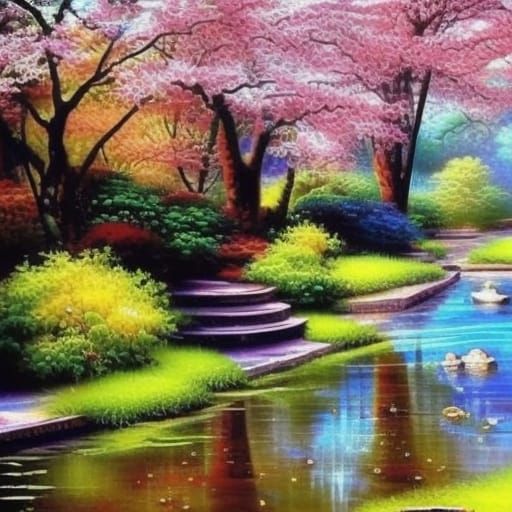 Oriental garden with Beautiful river with crystal clear water with koi fish& walkway bridge& oriental lights& Cherry blo...