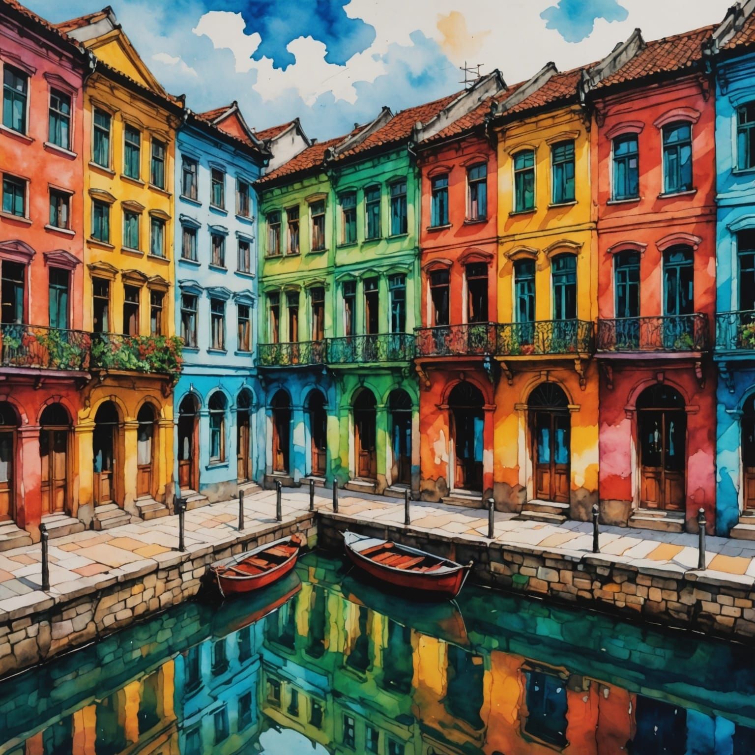 Colorful Shophouses by River as Impasto Painting