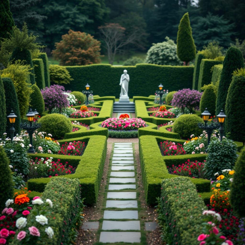 Symmetrical Garden Paradise in Vibrant Bloom