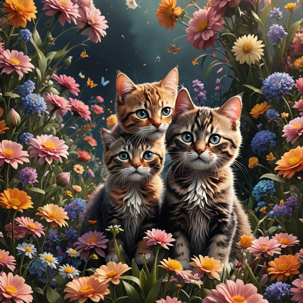 Two Cute Cats with Flowers in Detailed Painting