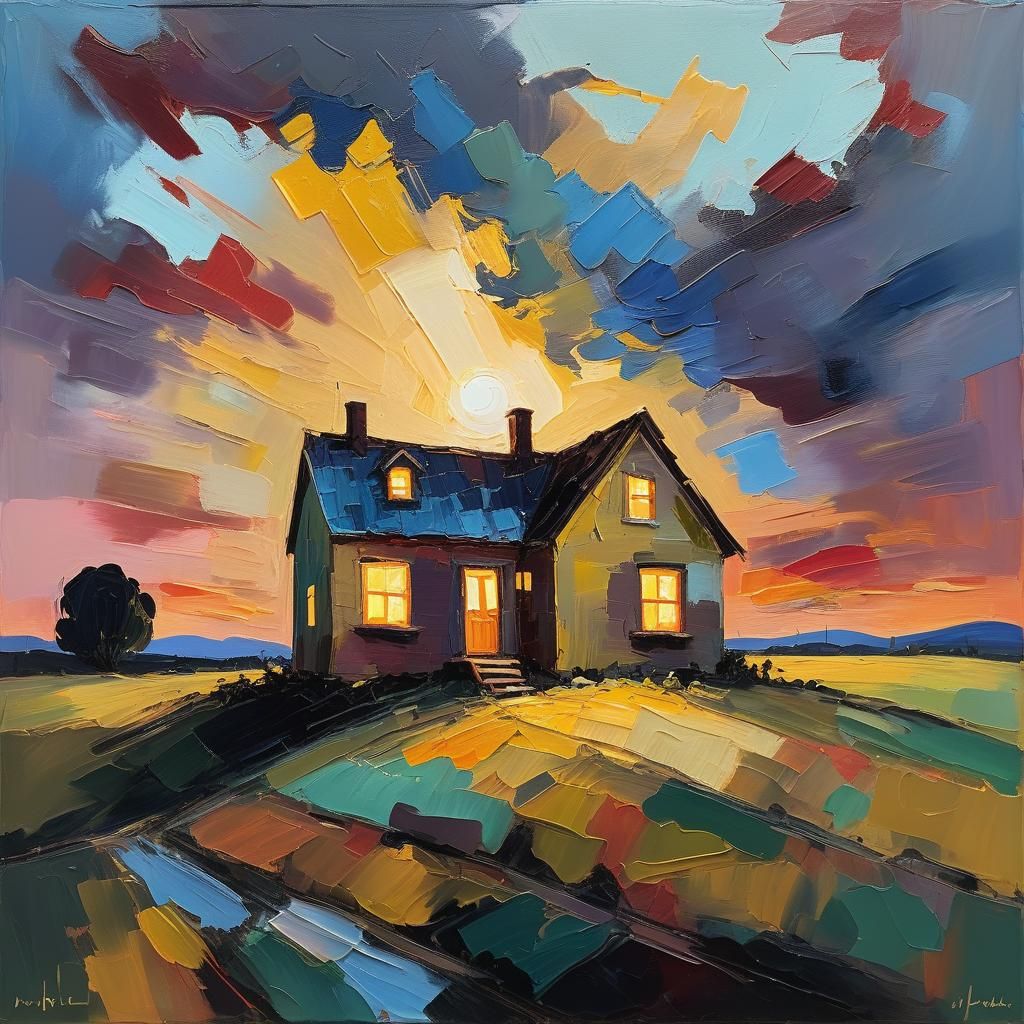 Neo-Expressionist House with Light in Twilight