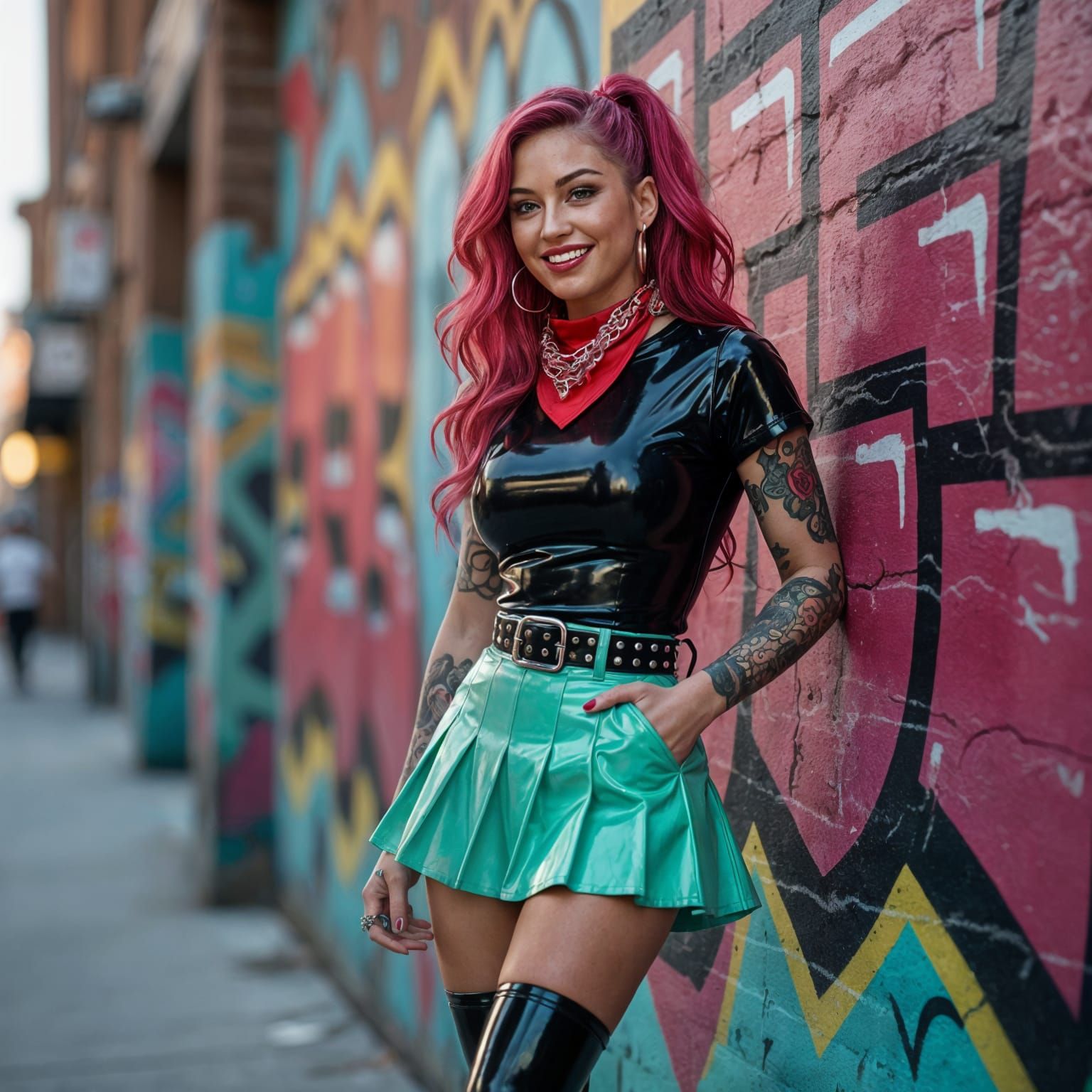 Cyberpunk Woman in Latex Outfit Posing by Graffiti