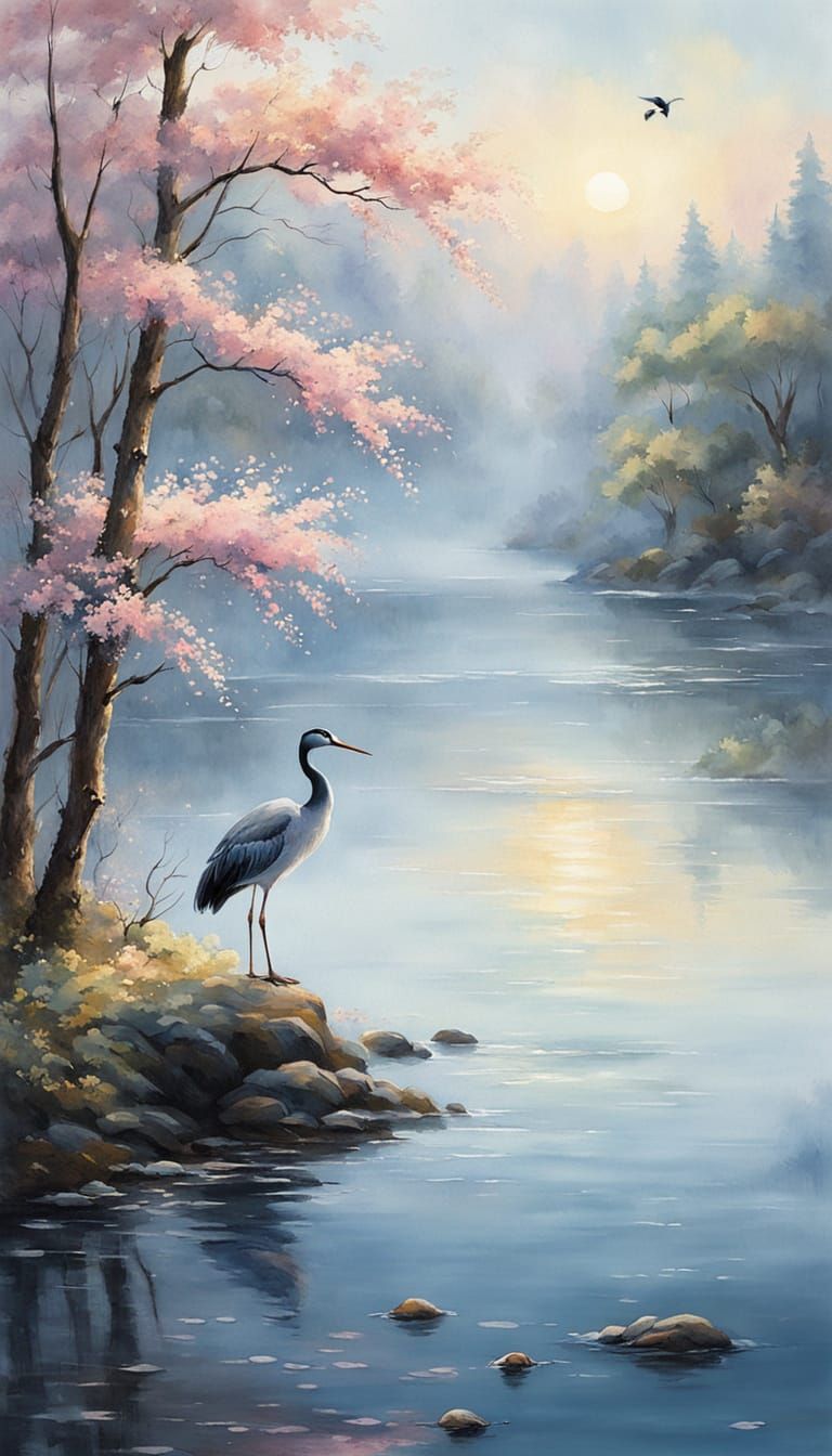 Serene Japanese Watercolor Landscape with Birds and Water