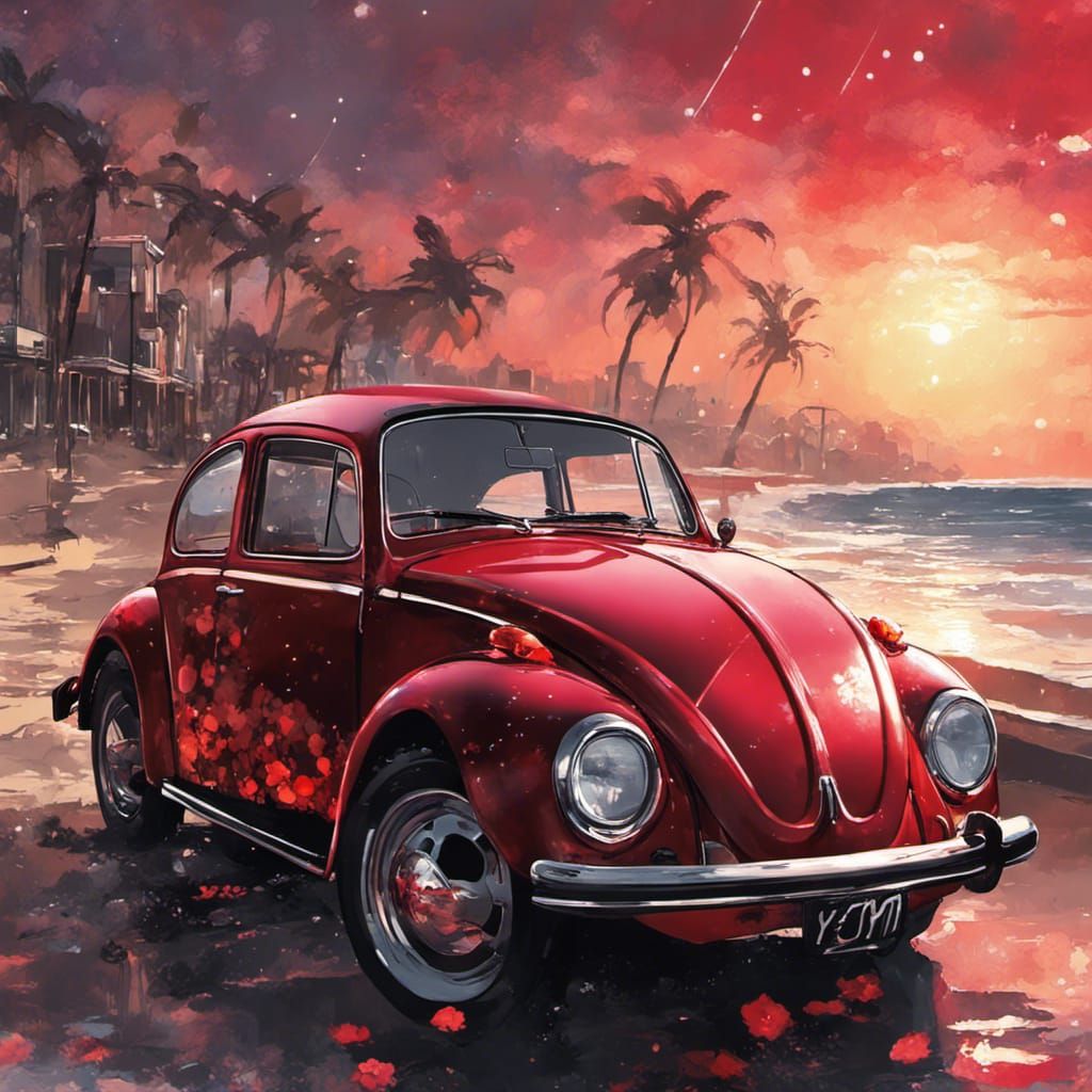Vintage VW Beetle on Beach at Sunset