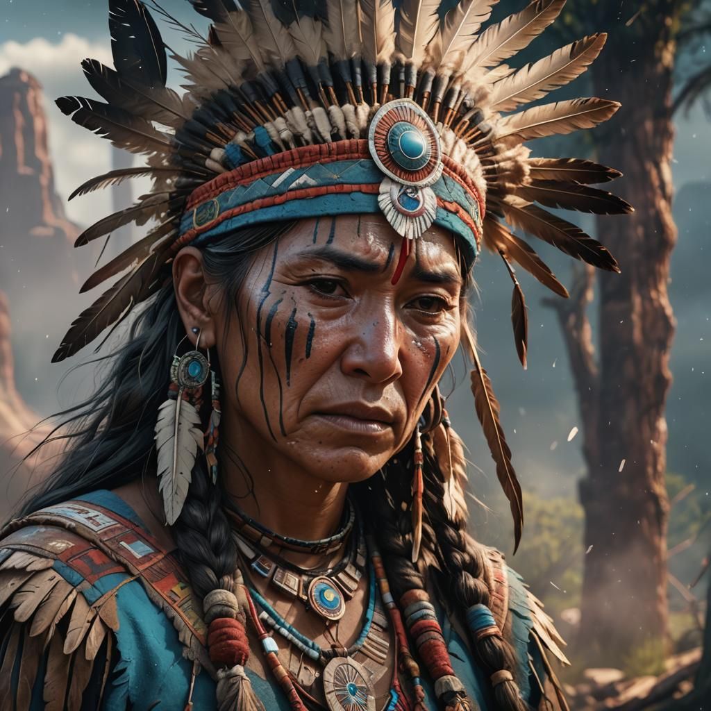 Native American Woman Crying: Detailed Matte Painting
