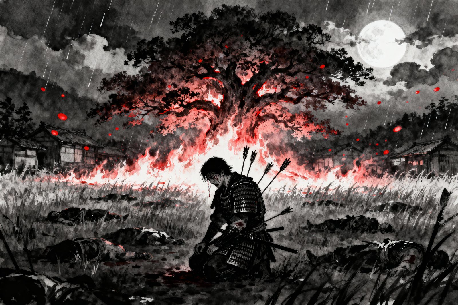 Last Samurai Kneels by Burning Village Under Full Moon