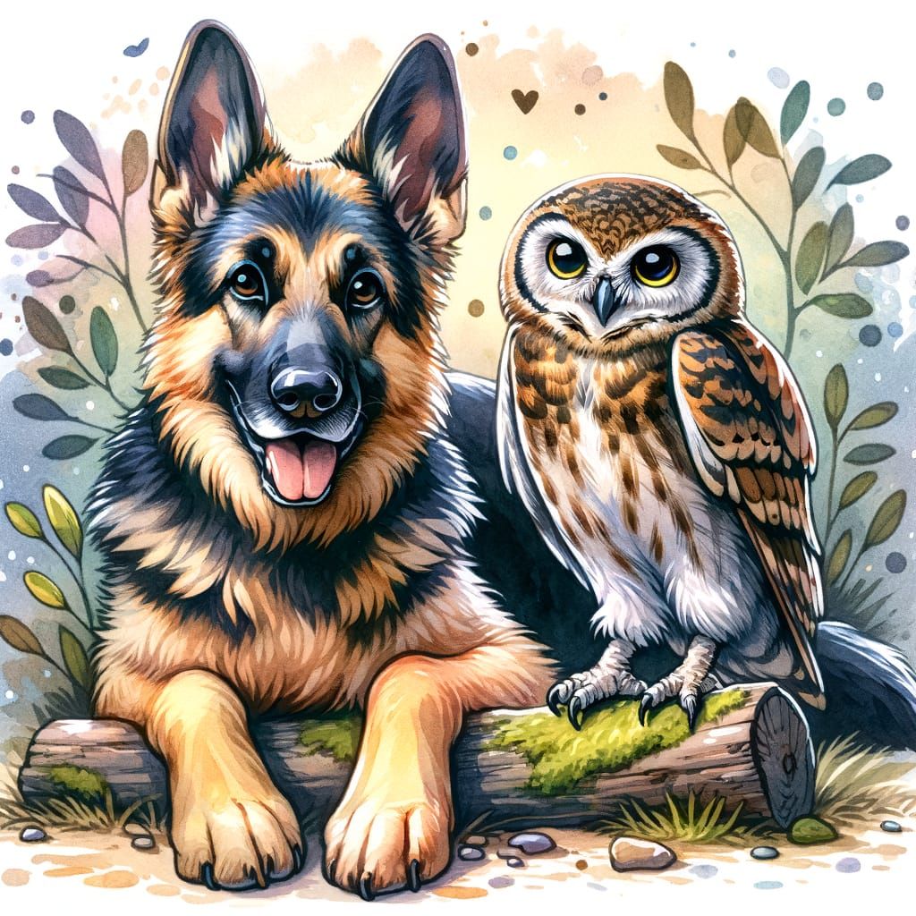 German Shepherd and Owl Friendship in Vivid Watercolor
