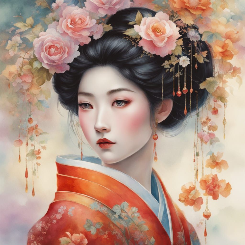 Ethereal Geisha Portrait in Vibrant Watercolour