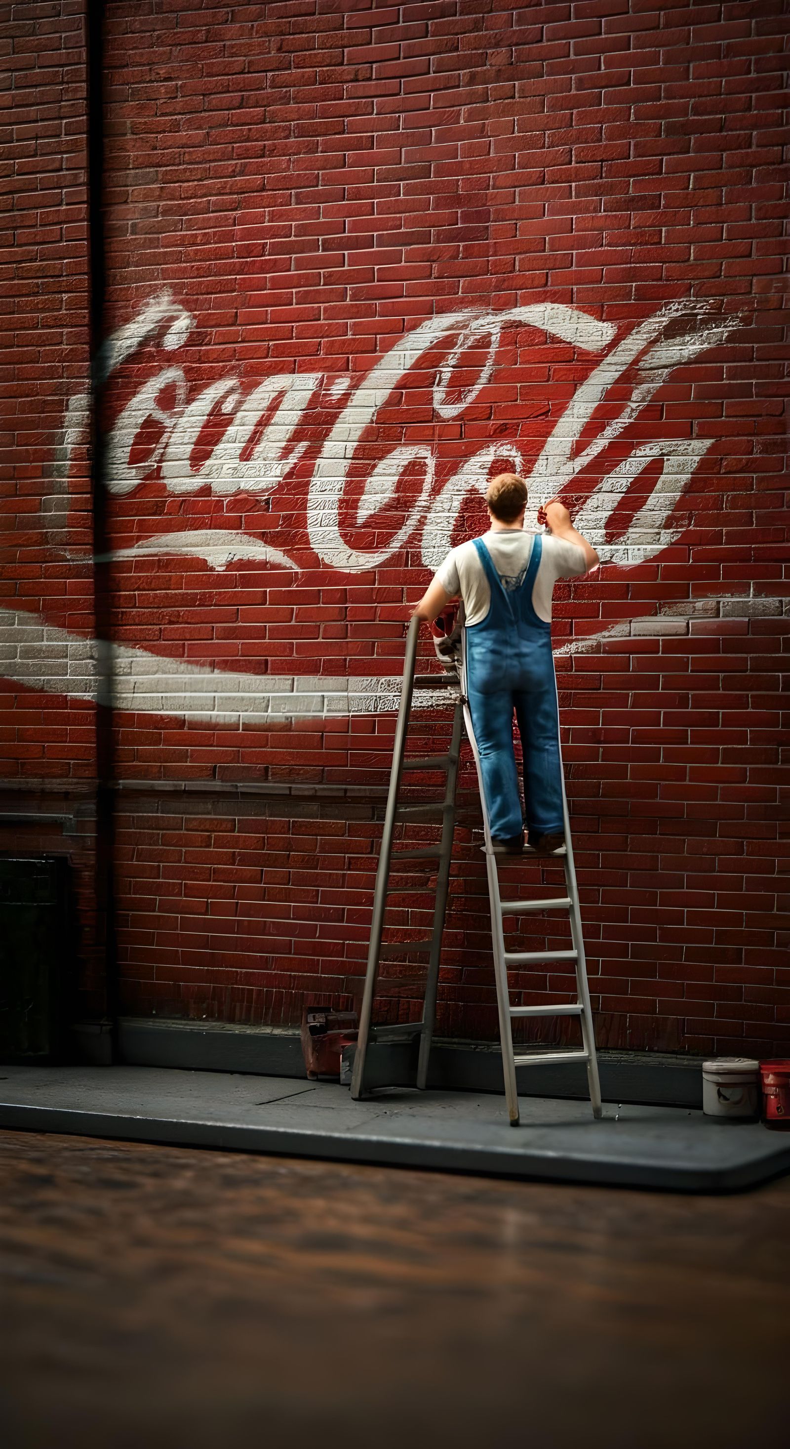 Miniature Worker Paints Coca-Cola Logo on Brick Wall