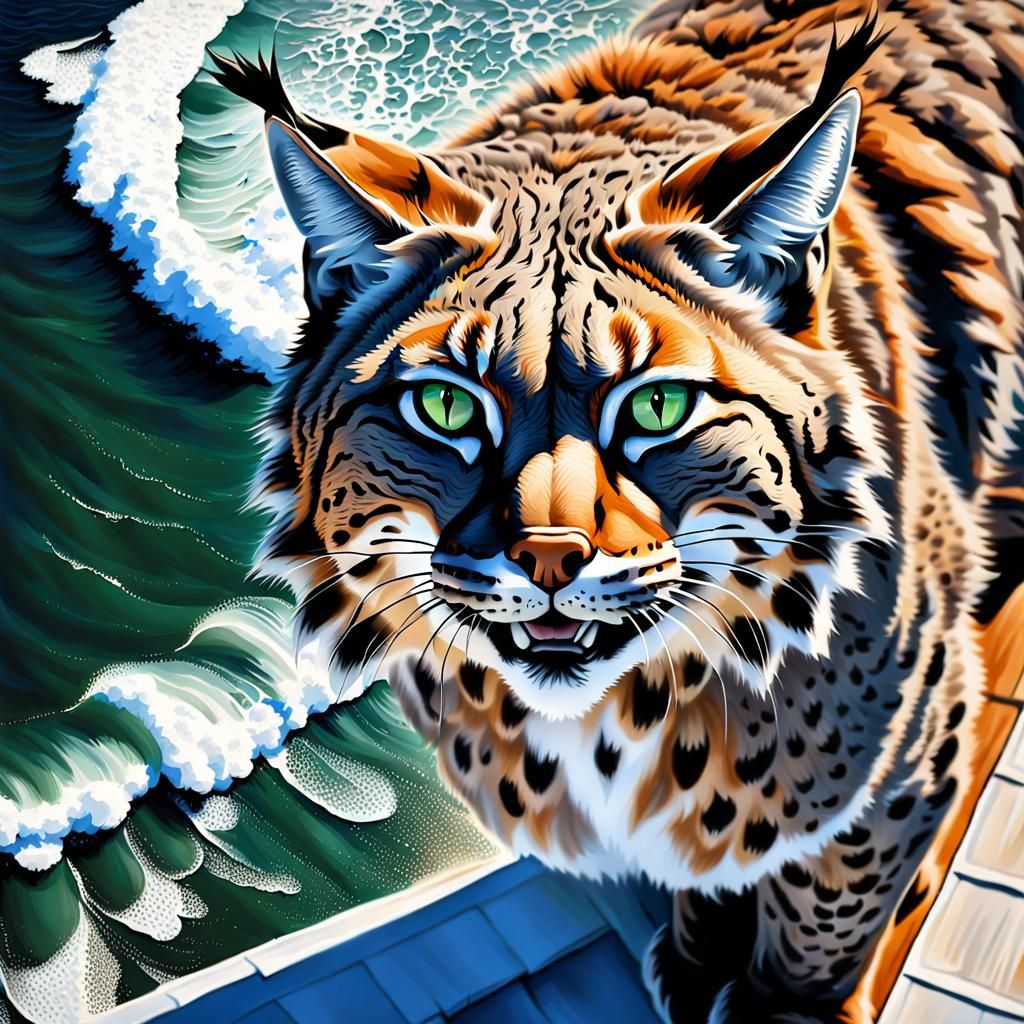 Bobcat on Lighthouse Roof in Dramatic Aerial View