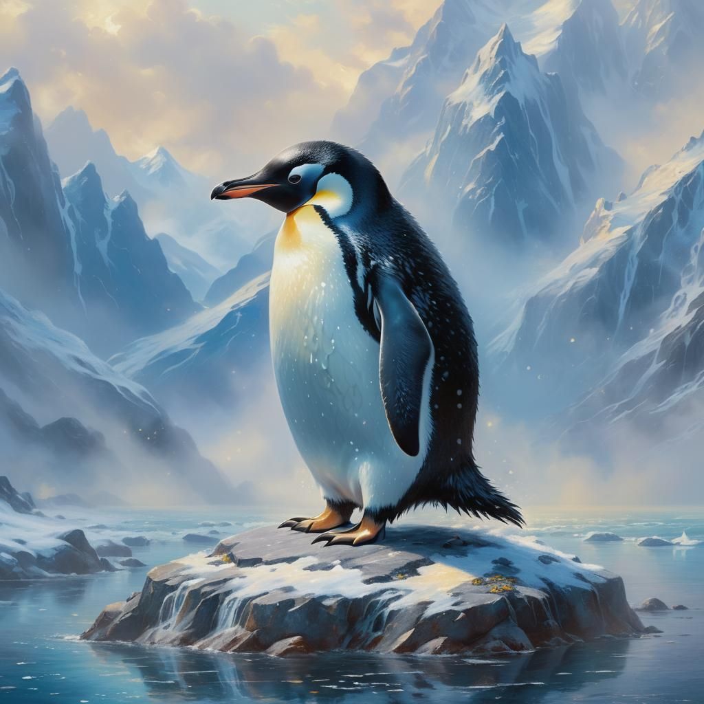 Majestic Penguin in Ethereal, Thomas Kinkade Style