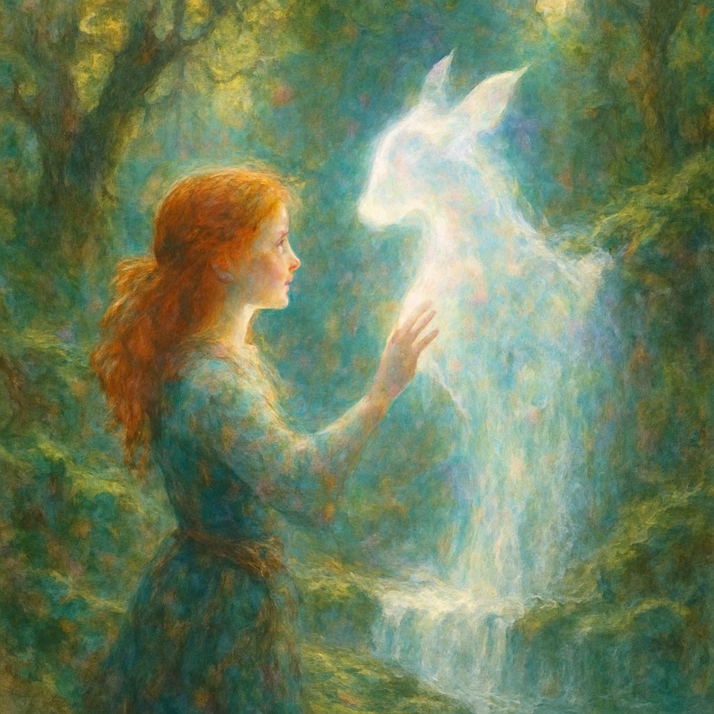 Girl Touches Spirit Guide by Mystical Waterfall