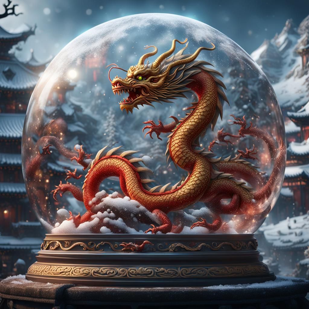 Chinese Dragon in Snow Globe: Fantasy Art