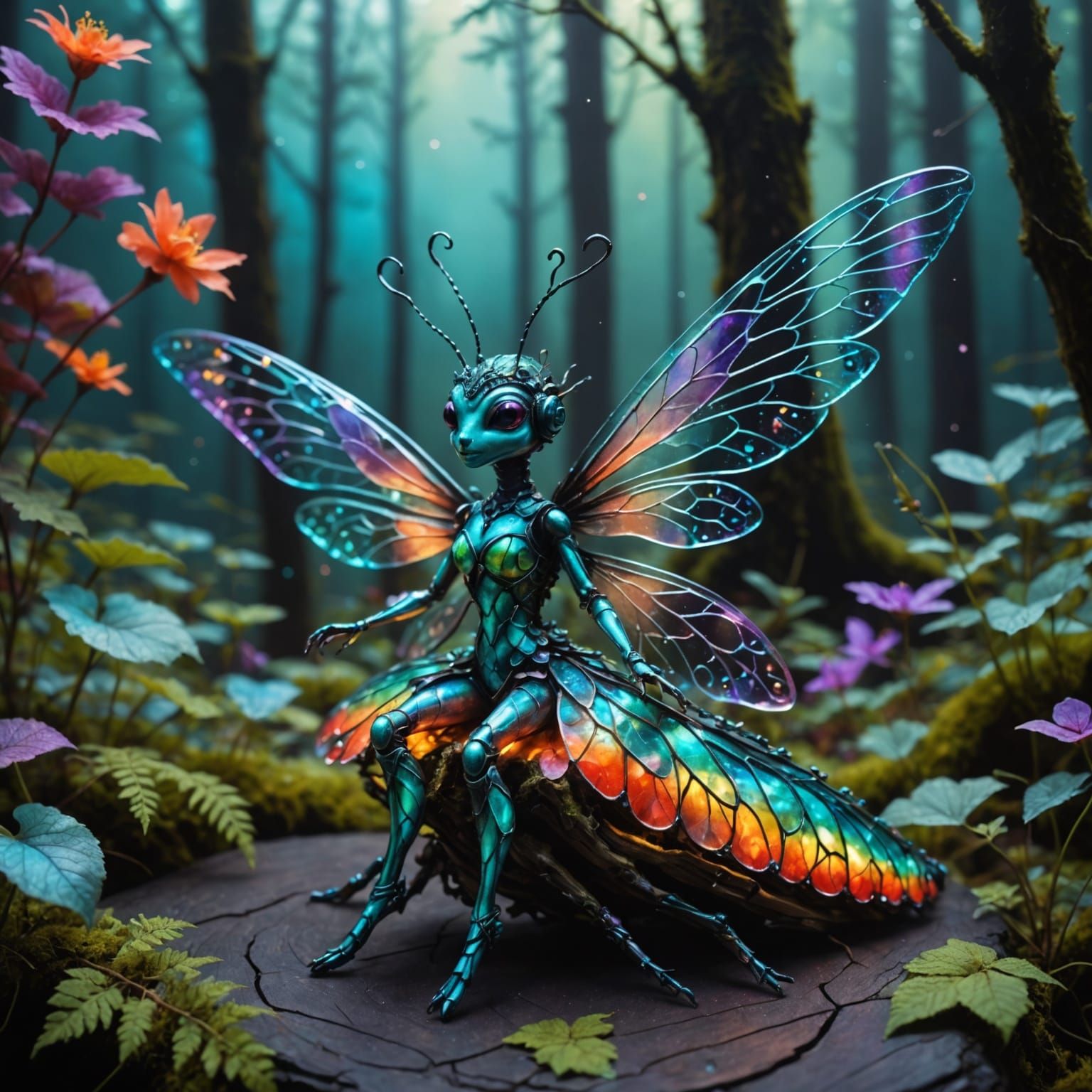 Enchanting Fairy-Dragonfly Creature in Alcohol Ink Colors